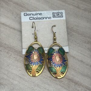 Vintage Cloisonné floral oval goldtone earrings